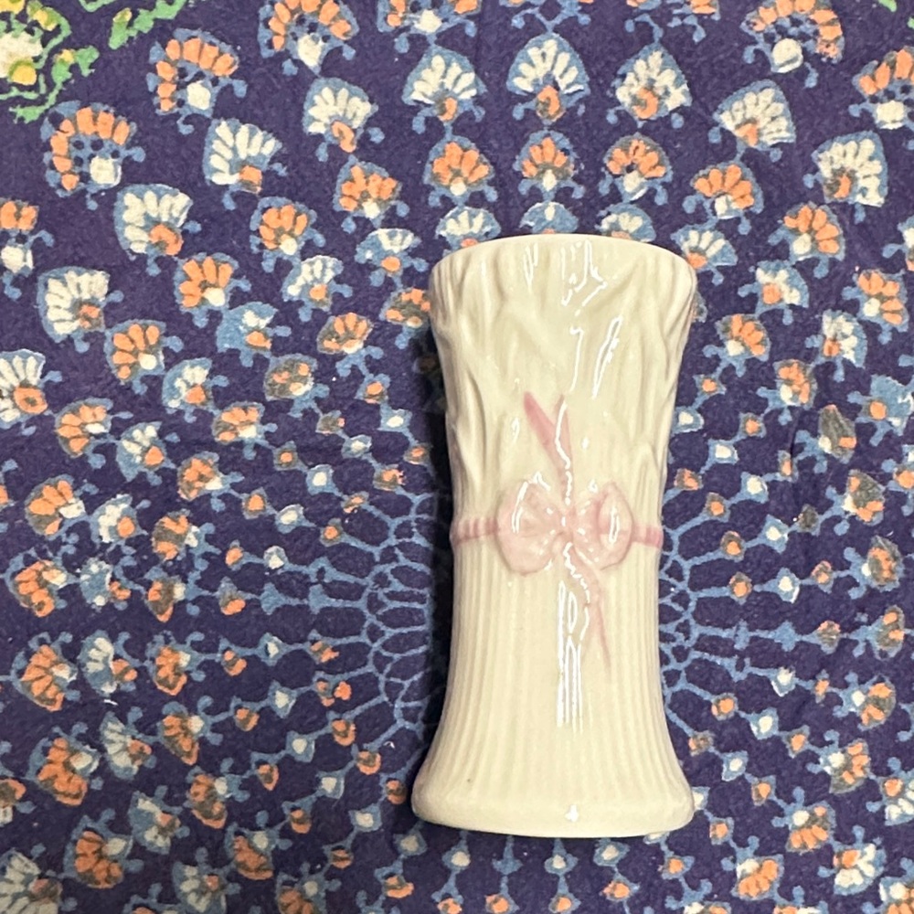 Belleek Cream Vase with Pink Bow Accent